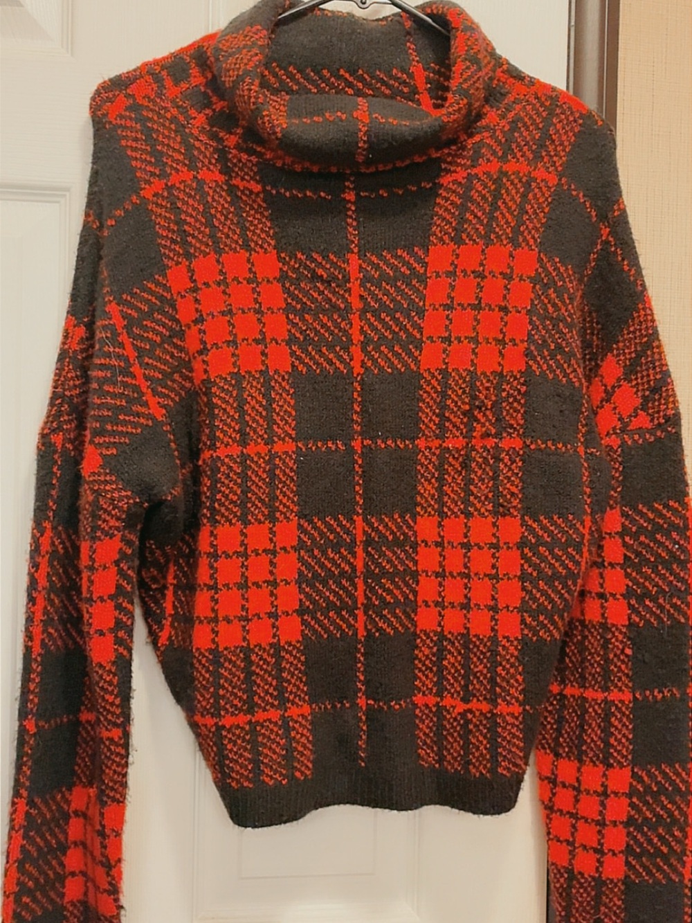No Boundaries Red and Black Plaid Cowl Neck Sweater